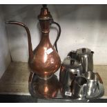 OLD HALL STAINLESS STEEL TEA SERVICE & A LARGE COPPER TURKISH COFFEE POT