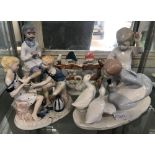 SHELF WITH 5 PORCELAIN CHINA FIGURES, 1 MARKED WITH A CROWN & S