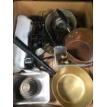 SALTER KITCHEN SCALES, 2 SETS WEIGHTS, 2 BRASS SAUCEPANS, 1 COPPER PAN, MOULD PAN