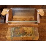 F/G NEEDLEWORK PICTURE, FRAMED PICTURE OF A JOCKEY, OAK & GLAZED STAND & A JEWELLERY BOX