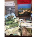 SMALL BROWN SUITCASE WITH BOOKLETS OF PLACES OF HISTORICAL INTEREST, POSTCARDS & A CARTON OF