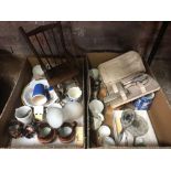 2 CARTONS OF MIXED CHINA INCL; MINIATURE ROCKING CHAIR, HAIRBRUSH SET IN CASE, CUPS, SAUCERS, MUGS