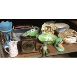 SHELF WITH 2 CHAMBER POTS, A METAMEC, METAL & STONE CARRIAGE CLOCK,BLUE & GLASS LUSTRE & OTHER