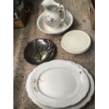 QTY OF MEAT PLATES, CAKE STAND BY KITCHEN CRAFT & A WASH BOWL & JUG