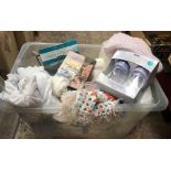 CARTON OF BABIES CLOTHES, BABY POWDER & MAKE UP ACCESSORIES