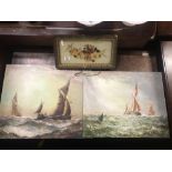2 OIL'S ON BOARDS OF SAILING BOATS & GILT FRAMED GLASS PAINTING OF FLOWERS