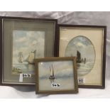3 MARINE WATERCOLOURS OF SAILING VESSELS, ONE SIGNED
