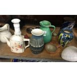 SHELF WITH STUDIO POTTERY, CHINA TEA POT & OTHER CHINAWARE, GREEN JUG WITH CHIP