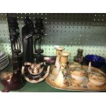 SHELF OF GLASS OIL LAMPS, DRESSING TABLE SET, MINIATURE GLOBE ETC