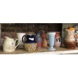 SHELF OF VARIOUS CHINA JUGS INCL; ROYAL DOULTON WITH CHIP