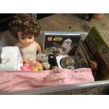 BOX OF TOYS INCL; UKULELE, CHILDREN'S VINYL RECORDS, SNOW GLOBE