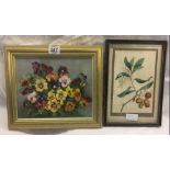 OIL PAINTING OF STILL LIFE OF PANSIES TOGETHER WITH AN ANTIQUE COLOURED ENGRAVING OF A STRAWBERRY