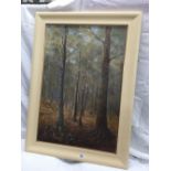 OIL PAINTING ON CANVAS OF A WOODLAND SCENE. SIGNED LOWER RIGHT RAYMOND HUNT MEASURING 29'' X 19''