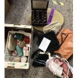 4 X HANDBAGS, BOX OF TOILETRIES, BIOCHEMIC SALTS BOX, EMPTY CHOC BOX & DOLLS OUTFIT