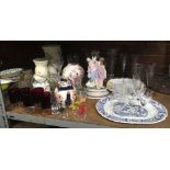 SHELF WITH VARIOUS DRINKING GLASSES, VASES, OLD PERFUME BOTTLES & A FIGURINE