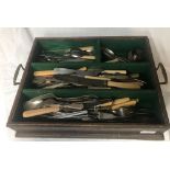 WOODEN CUTLERY BOX WITH MISC CUTLERY