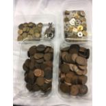 3 TUBS OF COPPER, BRONZE, CUPRO NICKEL & FOREIGN COINS