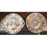 ORIENTAL HANDLED PLATE & A DECORATIVE FLOWERED PLATE PLUS 2 MEAT PLATES A/F