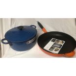 ENAMEL CAST IRON LE CREUSET 22CM BLUE POT & A LE CREUSET WOODEN HANDLED ORANGE FRYING PAN - BOTH