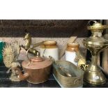 2 STONEWARE JARS, MODERN COPPER KETTLE, BRASS OIL LAMP, EAGLE, HORSE & BRASS TRAY