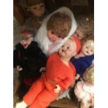 CARTON OF DOLLS INCL; ONE WITH FUR COAT & RED SHOULDER BAG