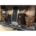 SHELF WITH SMALL CORNER SHELF, 2 WASTE BINS, A WOODEN SHOE, HORSE BRASSES, 2 CAFETIERE'S, BRASS &