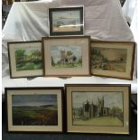 6 VARIOUS F/G WATERCOLOURS & PRINTS INCL; DOONE ALLER BY FRANK WATSON, PASTEL OF DUCK FARM BY GEFF
