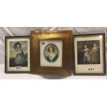 3 PICTURES; OVAL MINIATURE OF A LADY IN A PINK BONNET [PRINT?] TOGETHER WITH THOMAS GAINSBOROUGH'S