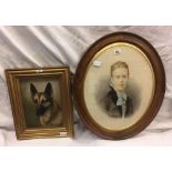GILT FRAME PAINTING OF ALSATIAN & OVAL F/G PICTURE OF A WOMEN