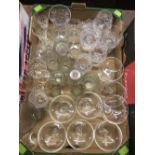 4 CARTONS OF MIXED GLASSWARE INCL; VASES, FRUIT GLASSES, DECANTERS, WATER JUG