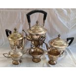 AMERICAN STERLING SILVER 6 PIECE REEDED TEA/COFFEE SERVICE WITH SPIRIT STAND BY MAHONEY OF NEW