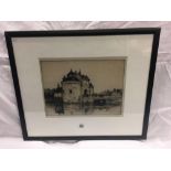 PENCIL SIGNED ETCHING OF FIGURES ON A BRIDGE OVER A MOAT. SIGNED J HAMILTON-MACKENZIE
