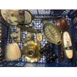 CARTON WITH HAIRBRUSH SET, BRASS CANDLE STICK HOLDER, BRASS BELL & SMALL PAIR OF FRENCH OPERA