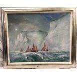 A LARGE OIL PAINTING ON CANVAS OF DARTMOUTH SAILBOATS IN A ROUGH SEA BENEATH CLIFFS, SIGNED ROGER