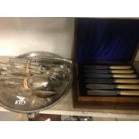 BOX SET OF FISH KNIVES & FORKS & PLATED TRAY & CUTLERY