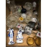 CARTON WITH MISC GLASSWARE, 3 BRANCH CANDELABRA, PORCELAIN FIGURE & A SUGAR SCUTTLE