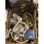 3 CARTONS OF MIXED BRASS & COPPER WARE INCL; FIRESIDE SETS, TRAYS & TEA POTS