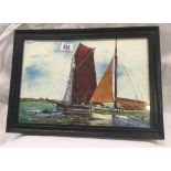 MARINE WATERCOLOUR OF FIGURES AND VARIOUS MOORED BOATS, SIGNED P E SWANN