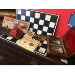 BONE & EBONY DOMINO'S IN WOODEN BOX, CRIB BOARD, DRAUGHTS, 2 PACKS 'EXOTIC' PLAYING CARDS IN