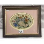 VICTORIAN WATERCOLOUR OF A STILL LIFE OF SUMMER BLOSSOMS, OVAL. CIRCA 1850. LABEL TO REVERSE