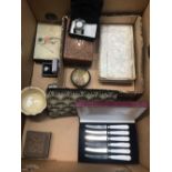 CARTON WITH BOX SET OF BUTTER KNIVES, A WHISTLE, METAL THREADED PURSES & OTHER BRIC-A-BRAC