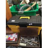 GREEN CARTON OF MISC HAND TOOLS, YELLOW & BLACK TOOL BOX WITH CONTENTS, 2 WOOD CIGAR BOXES WITH