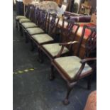 SET OF 4 HEAVILY CARVED & UPHOLSTERED CHIPPENDALE STYLE DINING CHAIRS, 1 MATCHING CARVER & 2