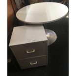 MODERN CIRCULAR CHROME & MELAMINE DINING TABLE, APPROX 3ft 3'' DIA & SMALL FILING CABINET