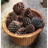 CANE & WICKER BASKET OF PINE CONES