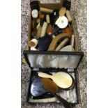 CARTON WITH LARGE QTY OF VINTAGE HAIRBRUSHES & MIRRORS, SOME WITH SILVER INITIALS