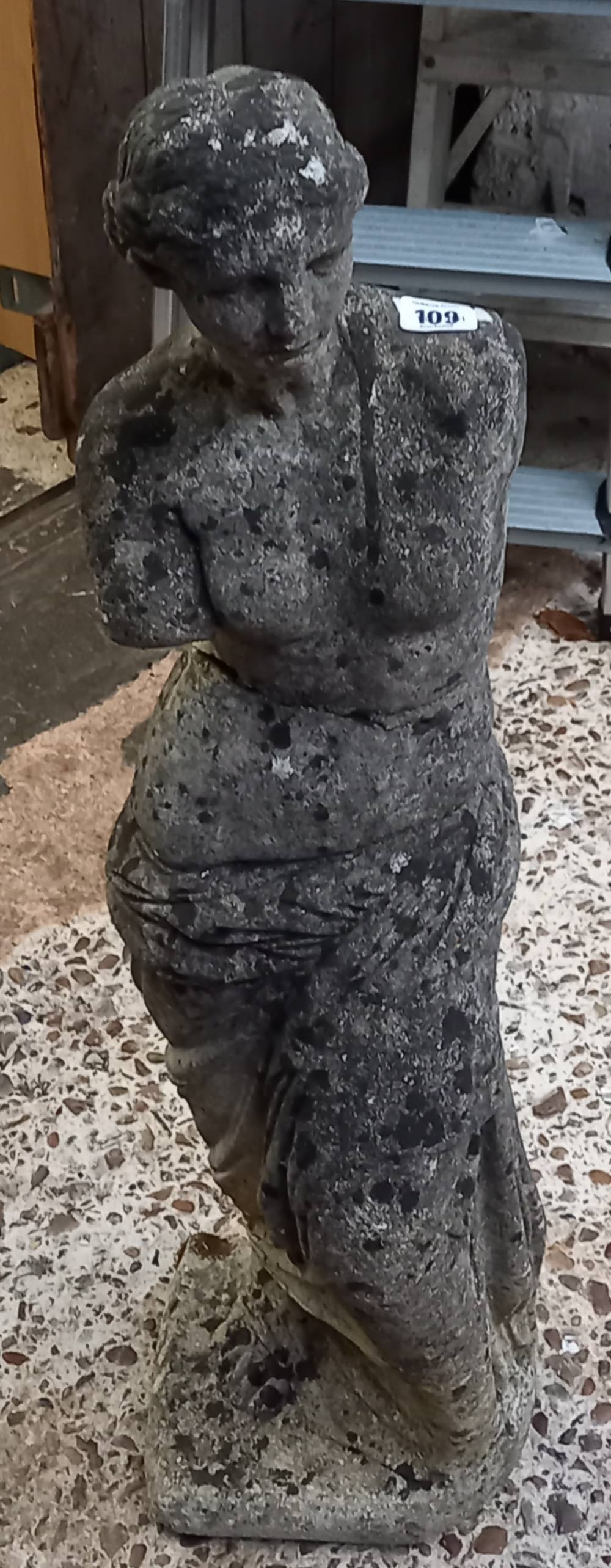 A WEATHERED STONE FIGURE OF AN ARMLESS LADY, APPROX 33'' TALL