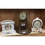 BRASS TORSION CLOCK WITH DOME A/F & 2 CERAMIC DRESSING TABLE CLOCKS, NOT KNOWN IF WORKING