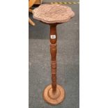 CARVED OAK TORCHERE/PLANT STAND WITH TURNED PEDESTAL