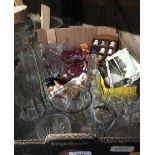 CARTON WITH COLLECTORS THIMBLES, GLASSWARE, SPAGHETTI JAR, POST CARDS, CRANBERRY GLASS, SMALL EDGE